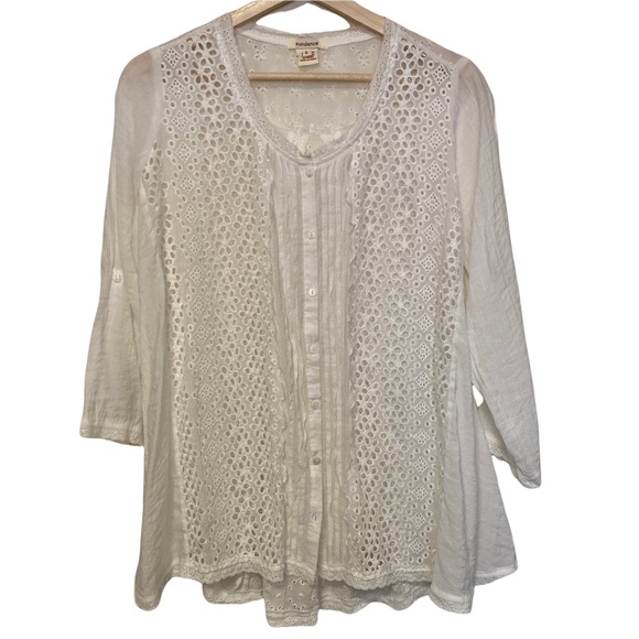 Sundance White Eyelet Button Down 3/4 Length Sleeve Blouse Small - Picture 9 of 9